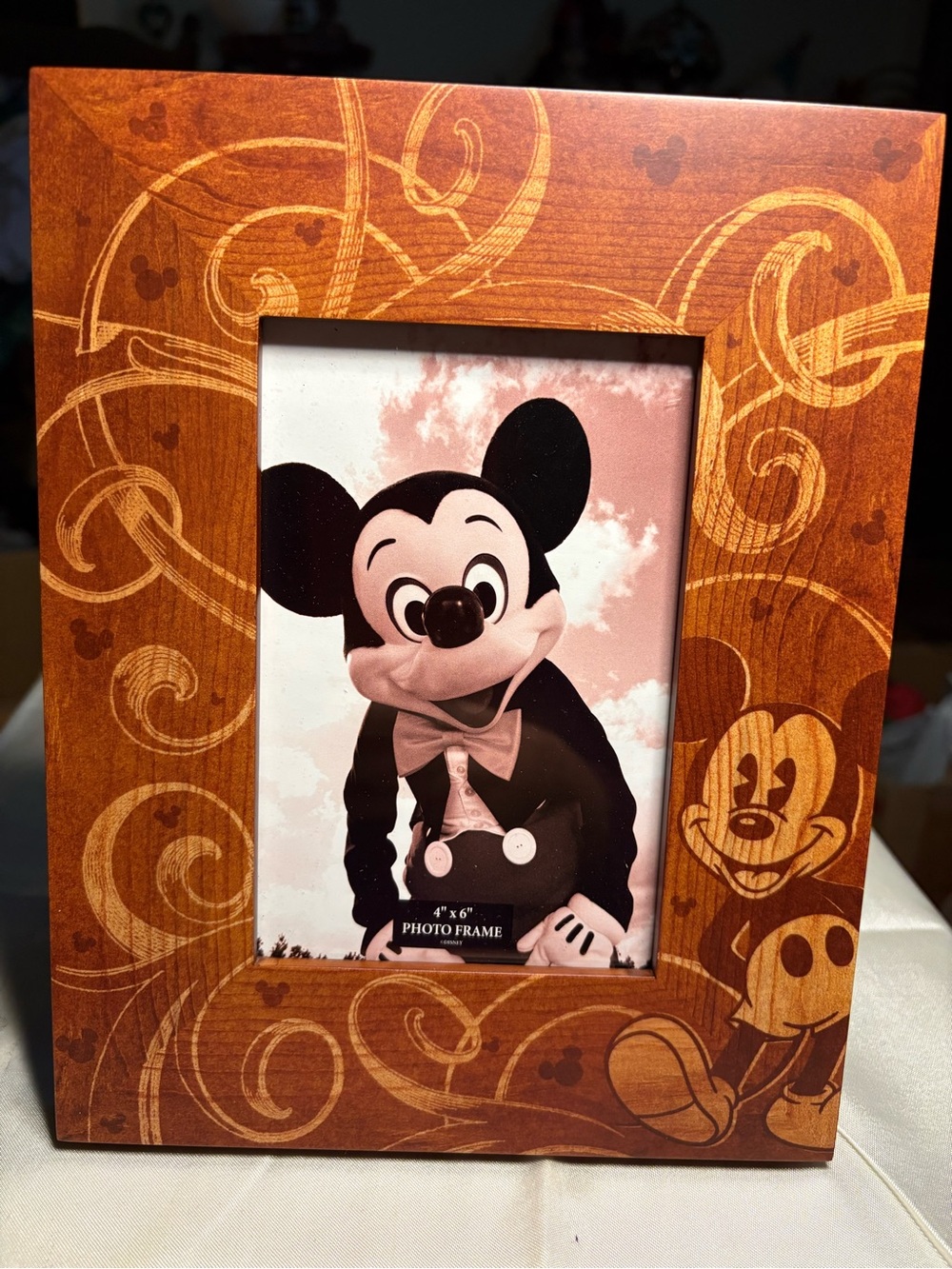 Disney Parks Authentic Mickey Mouse 4x6 Wood Photo Frame Laser Etched Swirls
